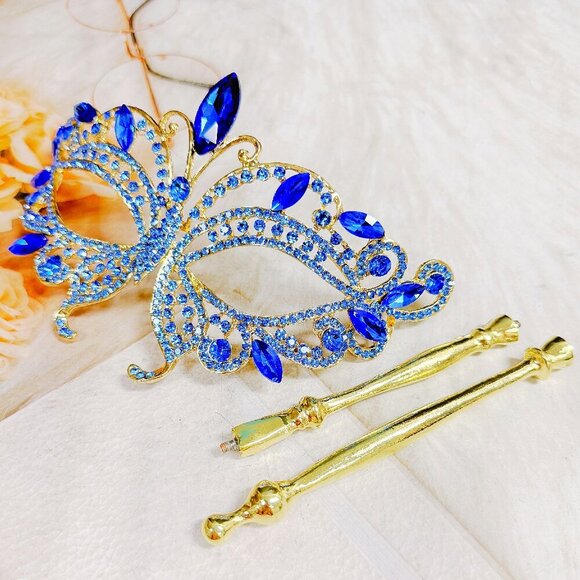 Blue Masquerade Mask, Met Gala Stick Mask, Gold Masquerade Ball Mask, Prom Mask - Picture 6 of 7